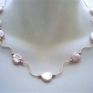 Designer Solid 14K Yellow Gold Pink White Heart Coin Pearl Necklace Chain
